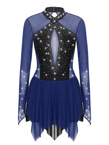 Women Shiny Rhinestones Long Sleeve Figure Skating Dress