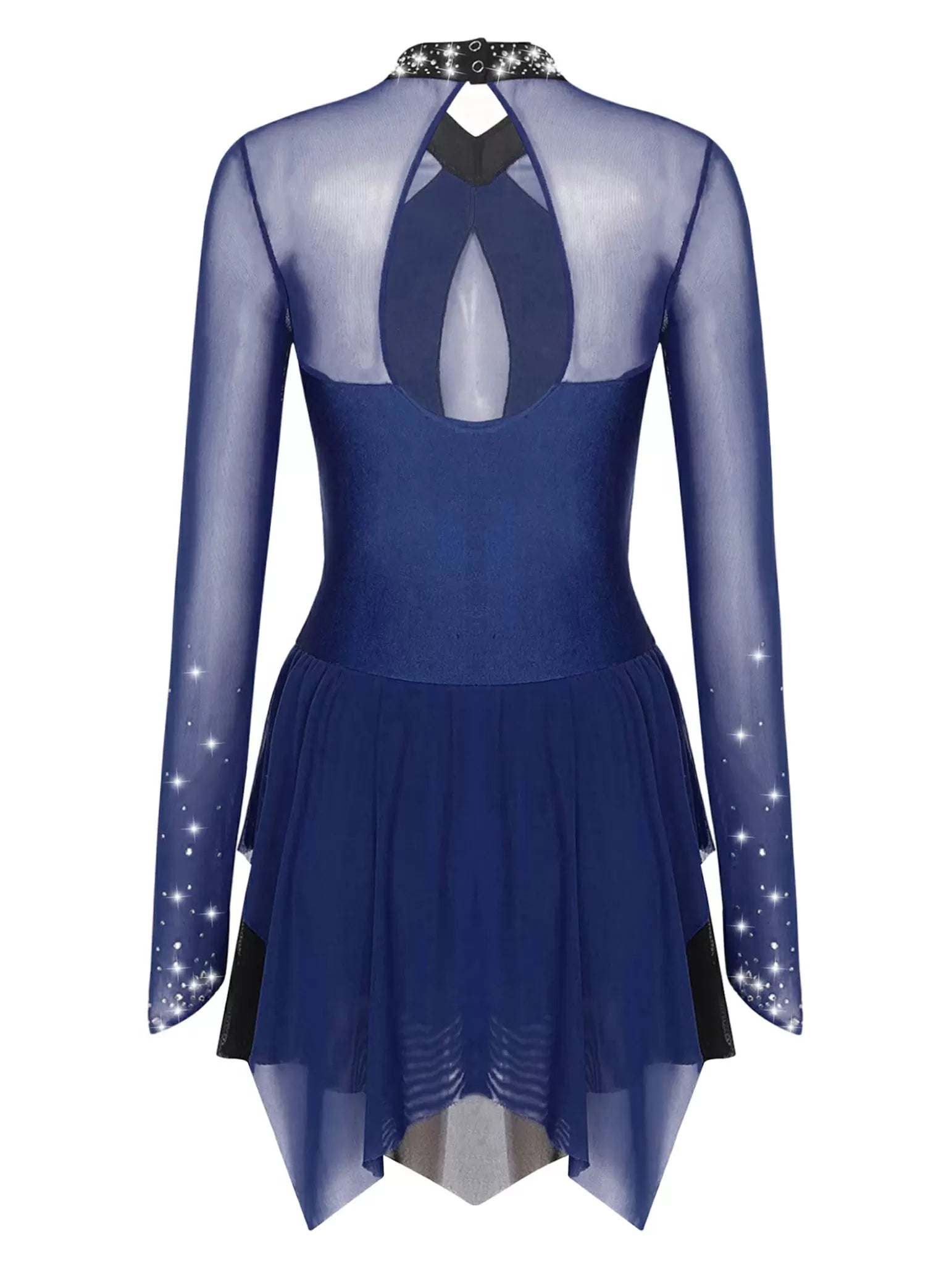 Women Shiny Rhinestones Long Sleeve Figure Skating Dress