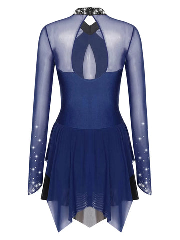 Women Shiny Rhinestones Long Sleeve Figure Skating Dress