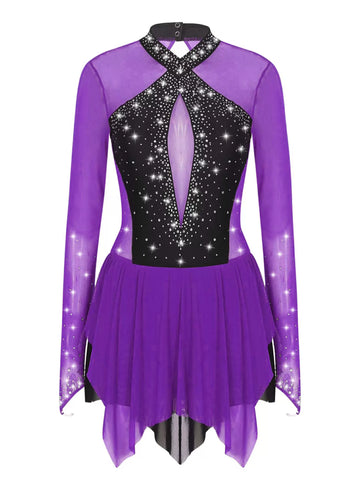 Women Shiny Rhinestones Long Sleeve Figure Skating Dress