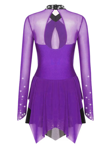 Women Shiny Rhinestones Long Sleeve Figure Skating Dress