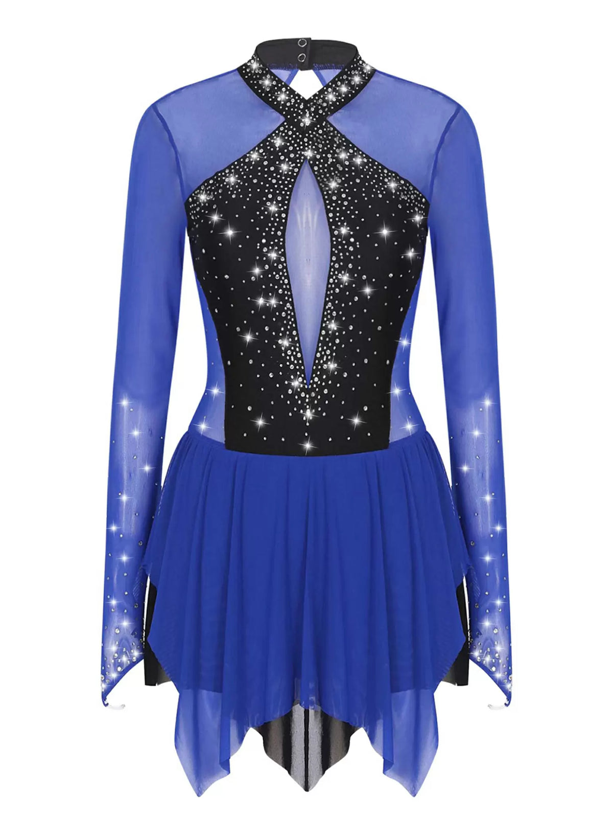 Women Shiny Rhinestones Long Sleeve Figure Skating Dress