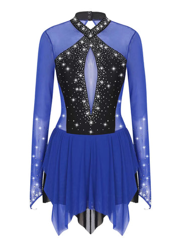 Women Shiny Rhinestones Long Sleeve Figure Skating Dress