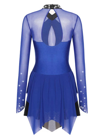 Women Shiny Rhinestones Long Sleeve Figure Skating Dress