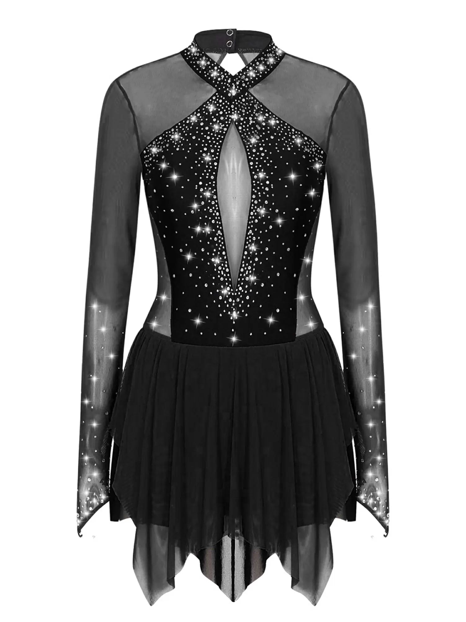 Women Shiny Rhinestones Long Sleeve Figure Skating Dress