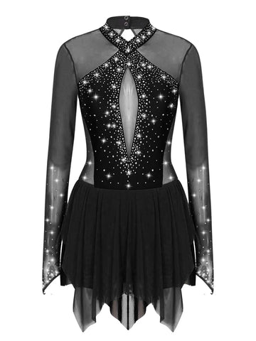 Women Shiny Rhinestones Long Sleeve Figure Skating Dress