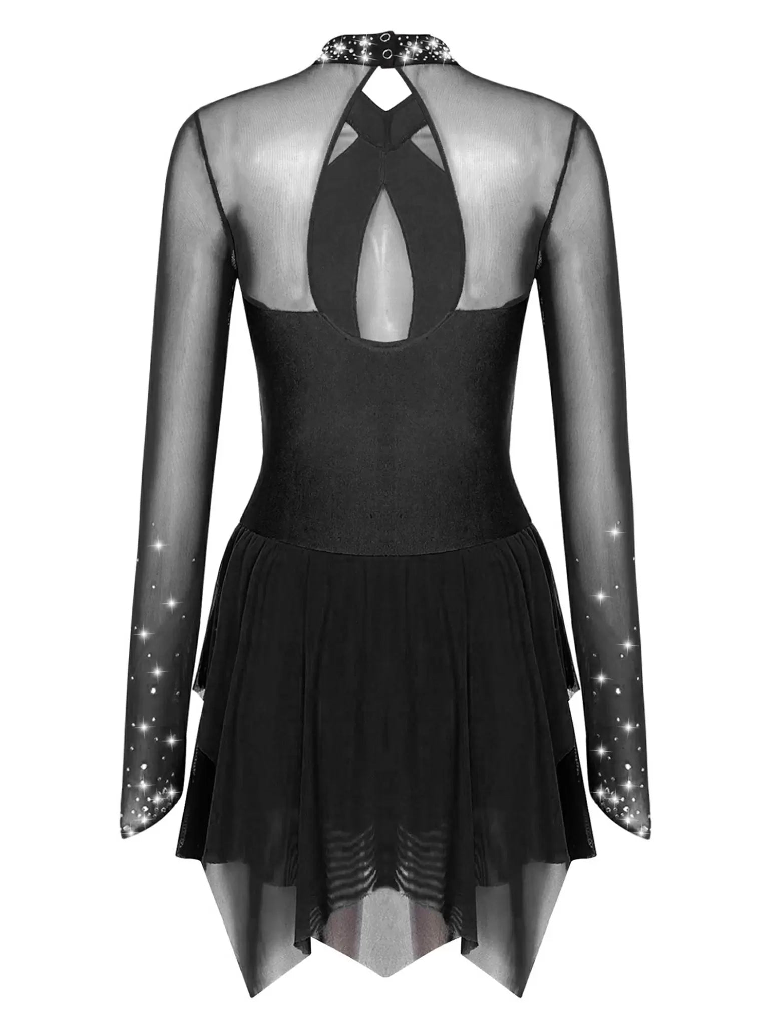 Women Shiny Rhinestones Long Sleeve Figure Skating Dress