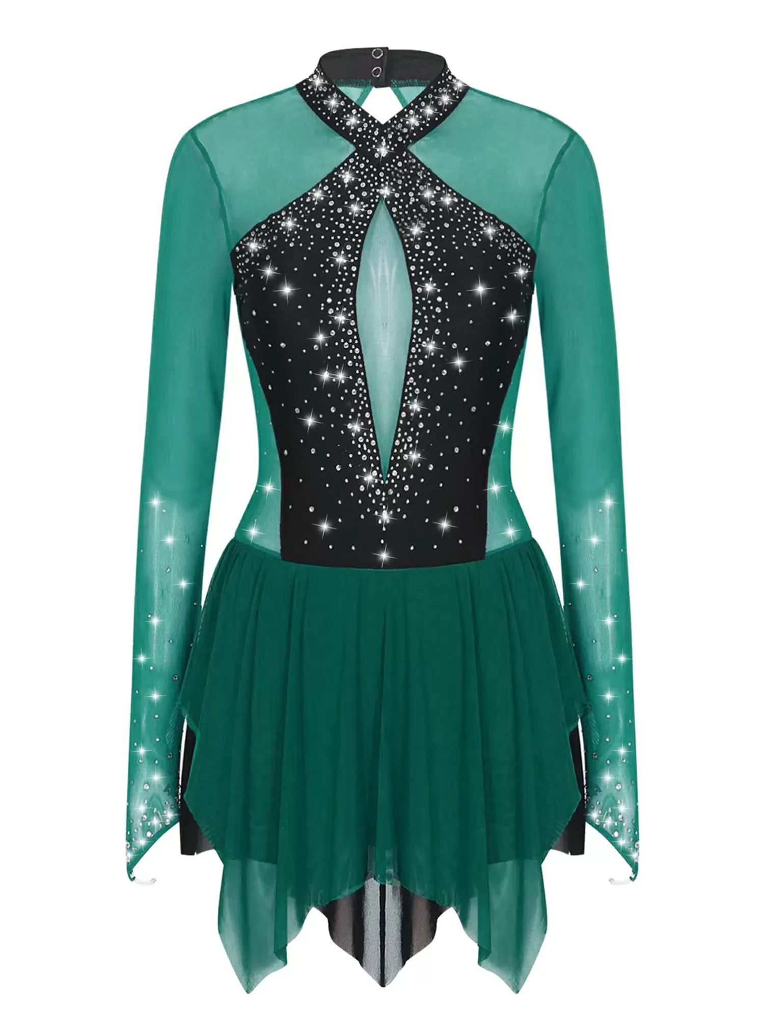 Women Shiny Rhinestones Long Sleeve Figure Skating Dress