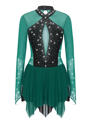 Women Shiny Rhinestones Long Sleeve Figure Skating Dress