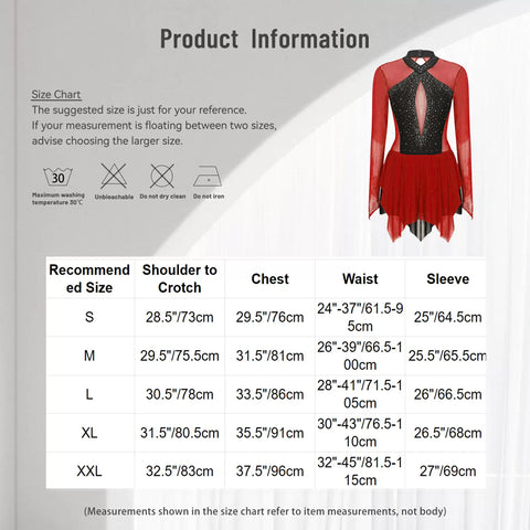 Women Shiny Rhinestones Long Sleeve Figure Skating Dress