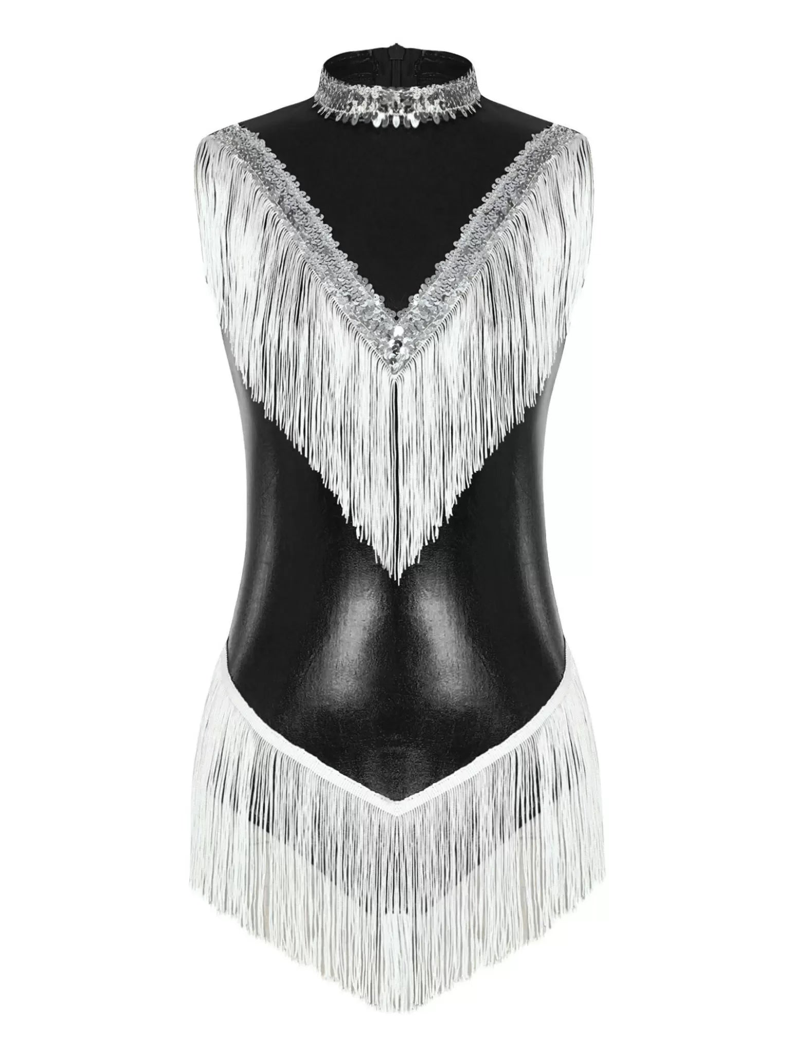 Women Sequins Tassel Sleeveless Latin Dance Leotard