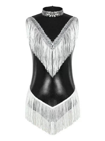 Women Sequins Tassel Sleeveless Latin Dance Leotard