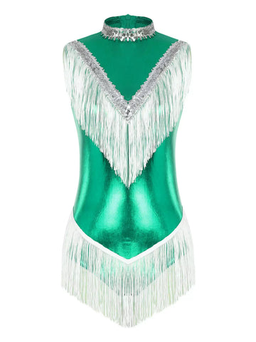 Women Sequins Tassel Sleeveless Latin Dance Leotard