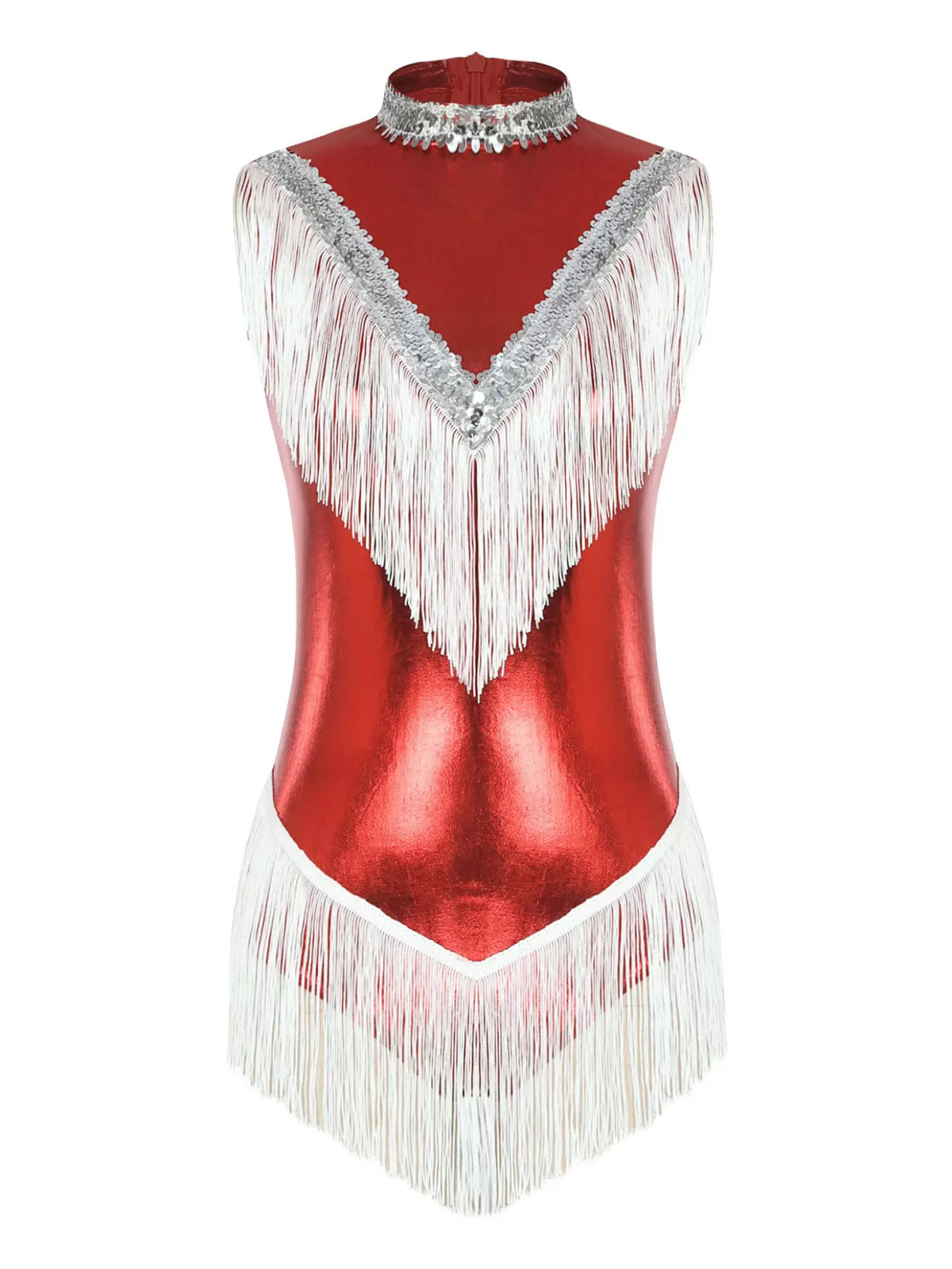 Women Sequins Tassel Sleeveless Latin Dance Leotard