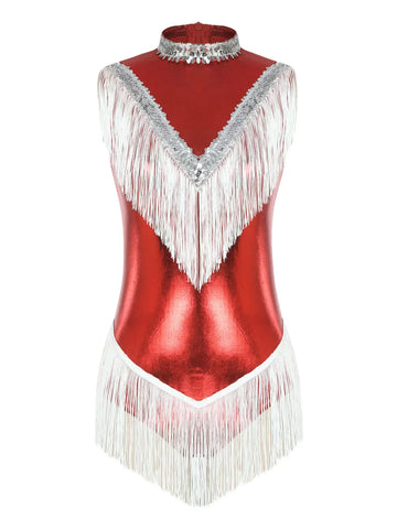 Women Sequins Tassel Sleeveless Latin Dance Leotard