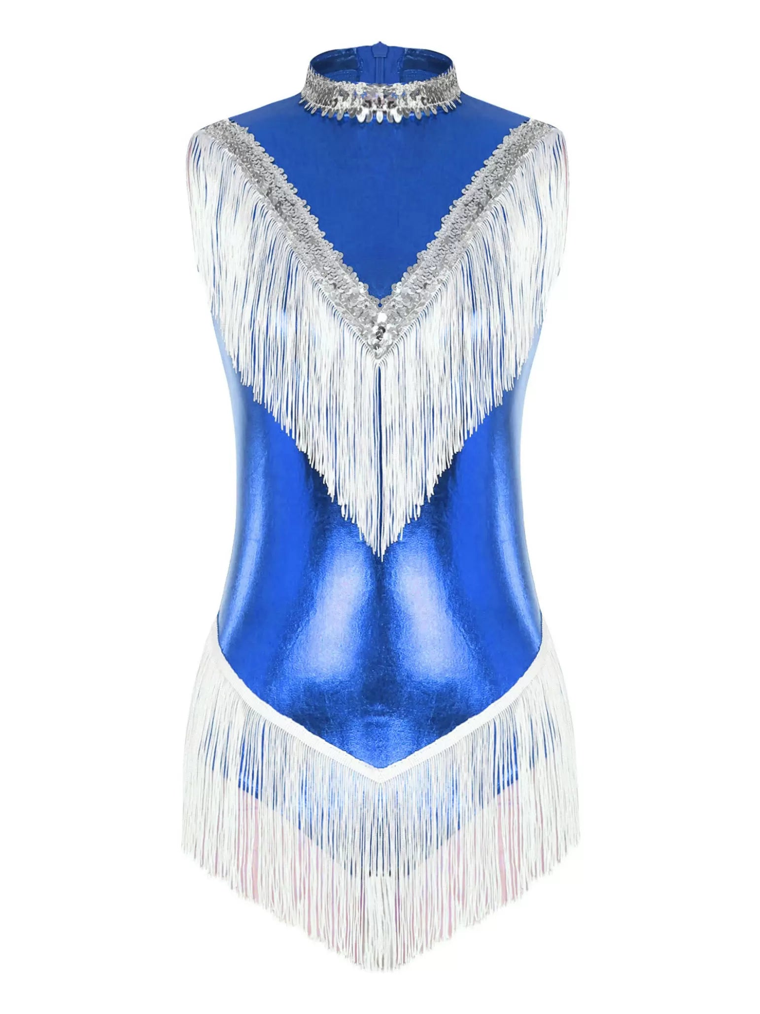 Women Sequins Tassel Sleeveless Latin Dance Leotard