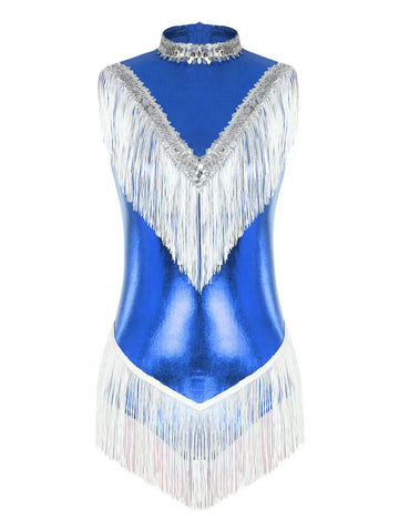 Women Sequins Tassel Sleeveless Latin Dance Leotard