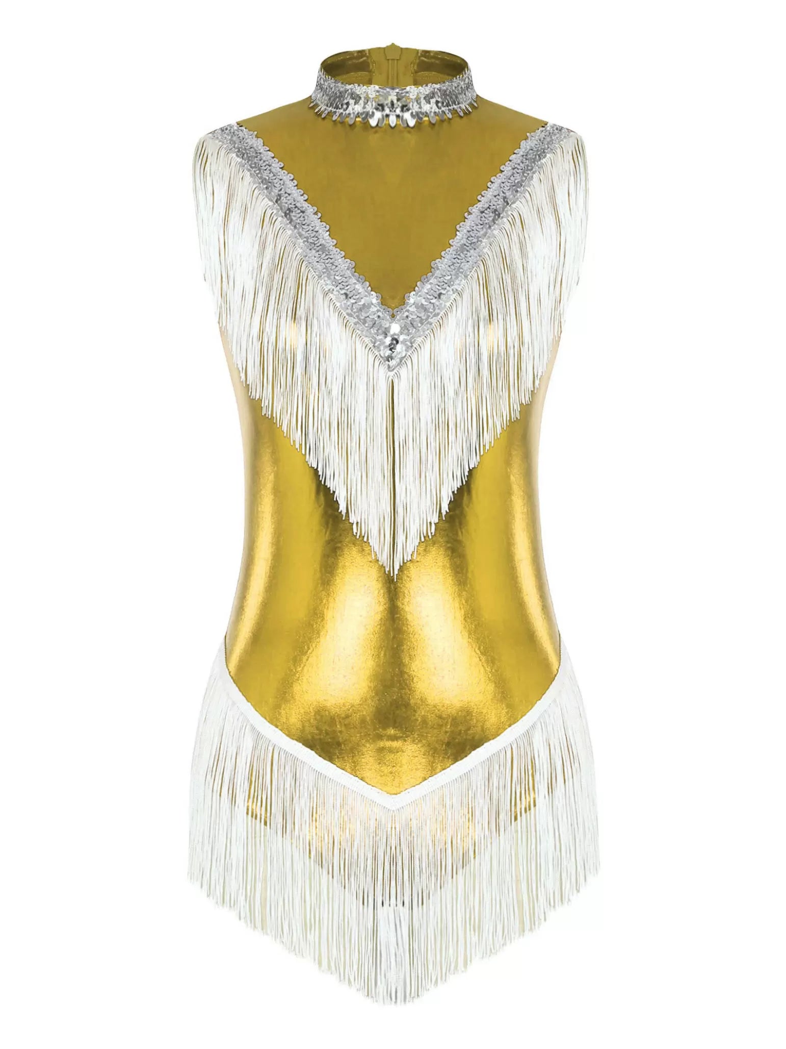 Women Sequins Tassel Sleeveless Latin Dance Leotard