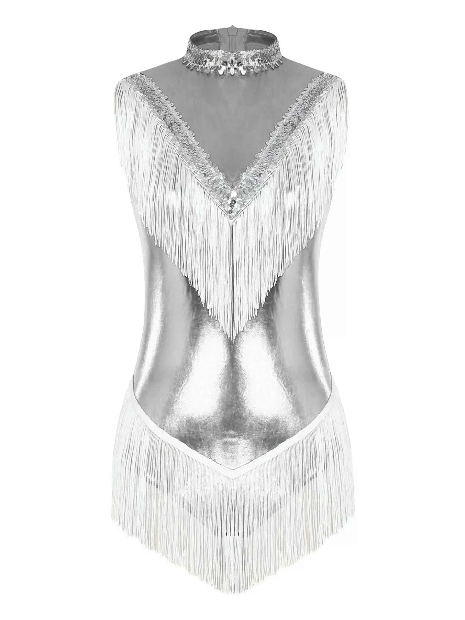 Women Sequins Tassel Sleeveless Latin Dance Leotard