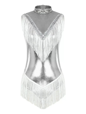 Women Sequins Tassel Sleeveless Latin Dance Leotard