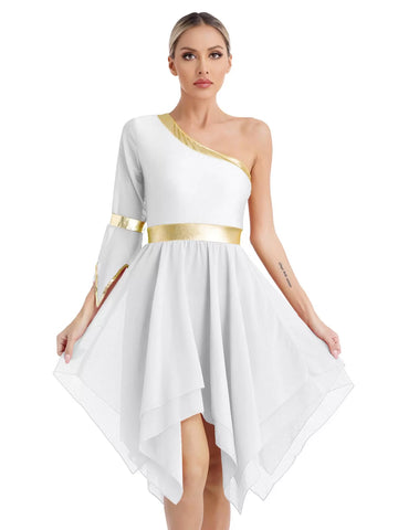 Women One Shoulder Asymmetrical Hem Liturgical Worship Dance Dress