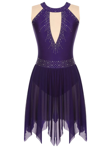 Women Sleeveless Rhinestones Ice Skating Dance Leotad Dress