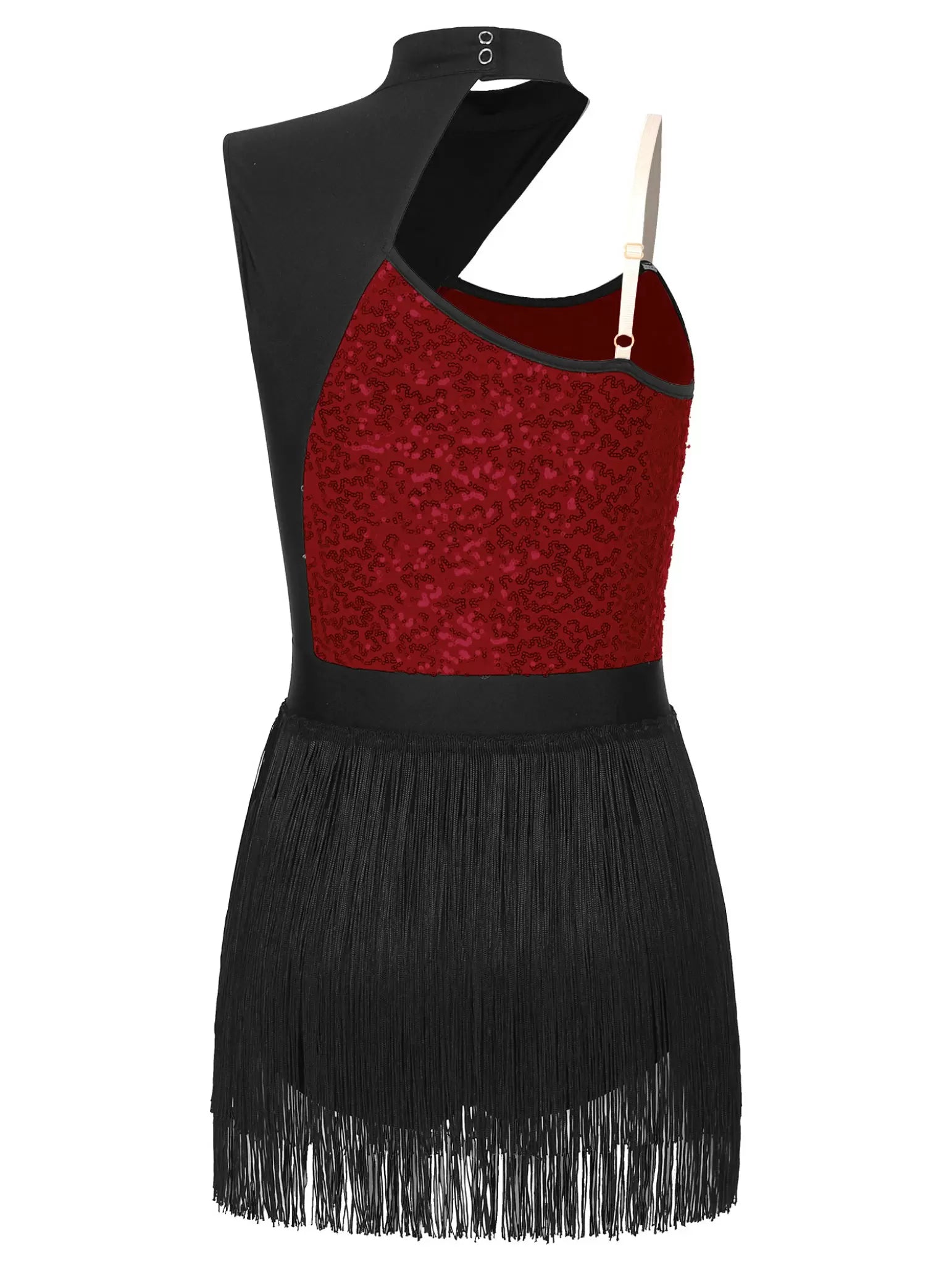 Women Cutout Sleeveless Sequin Tassel Latin Dance Leotard