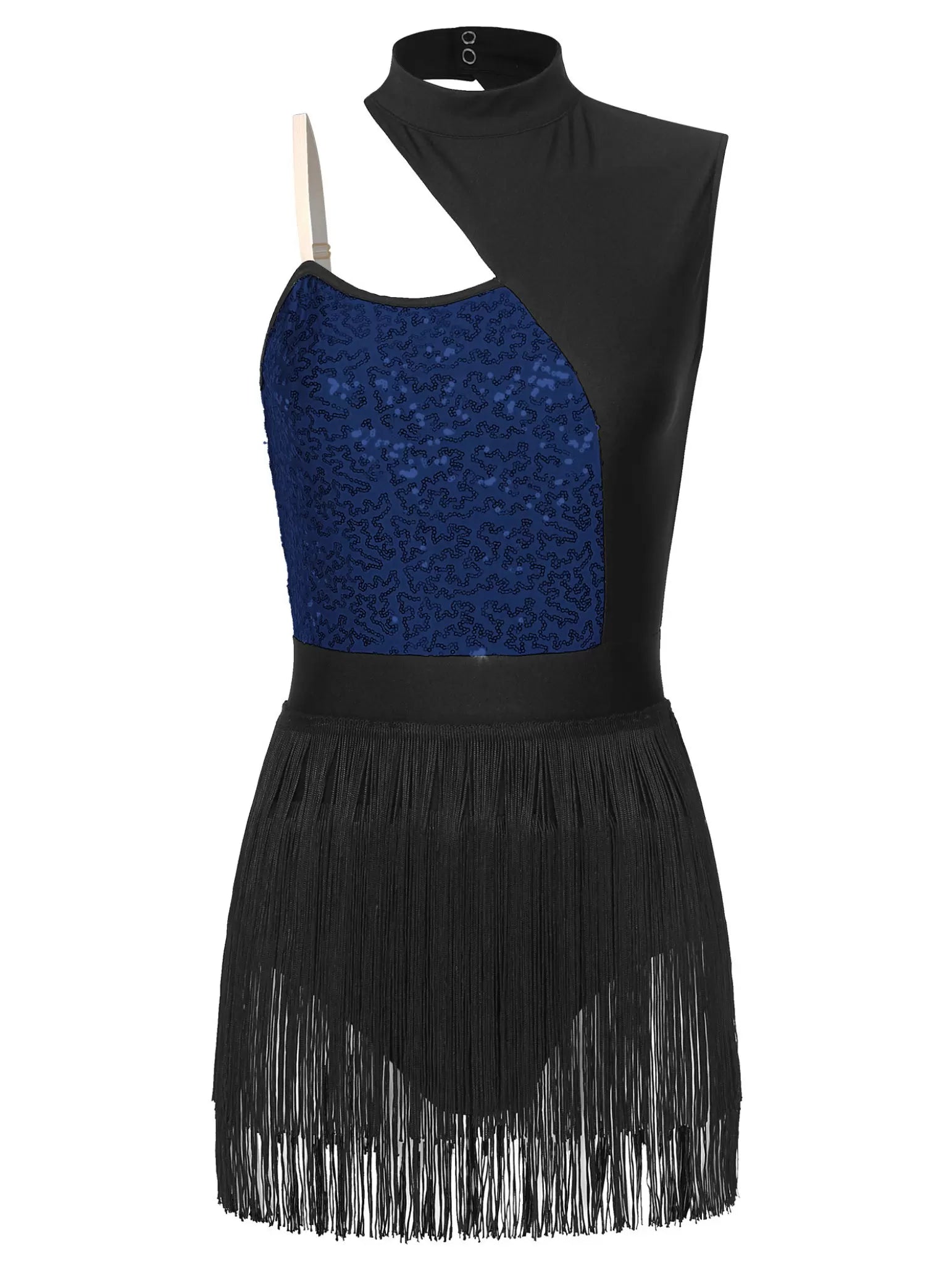 Women Cutout Sleeveless Sequin Tassel Latin Dance Leotard