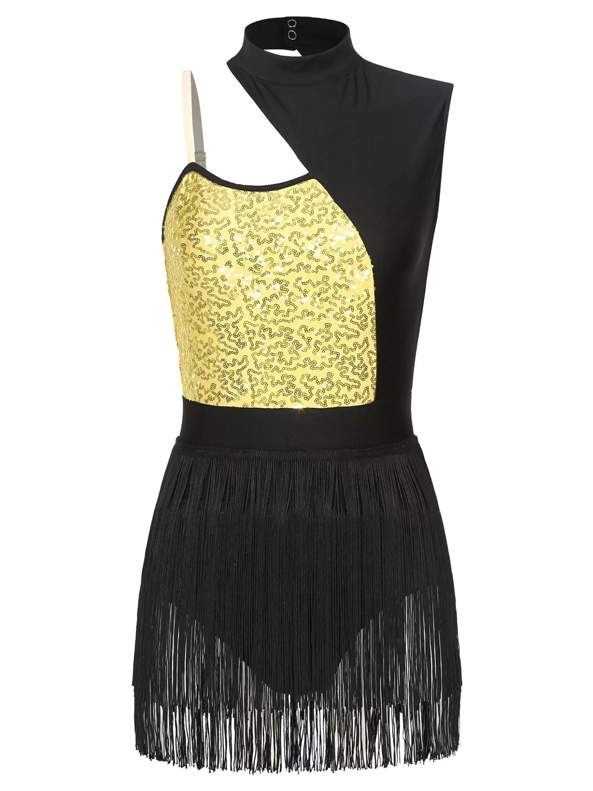 Women Cutout Sleeveless Sequin Tassel Latin Dance Leotard