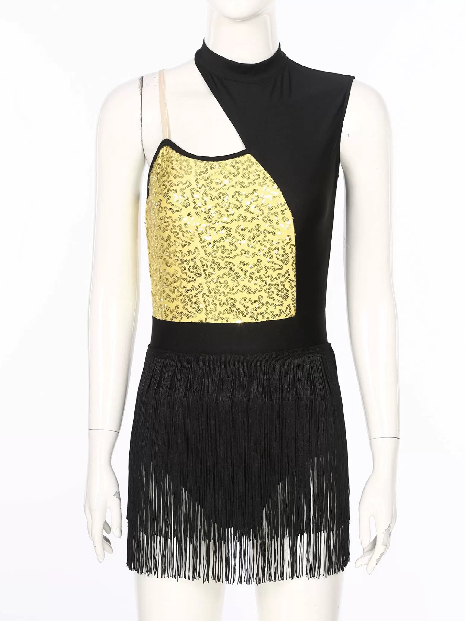 Women Cutout Sleeveless Sequin Tassel Latin Dance Leotard