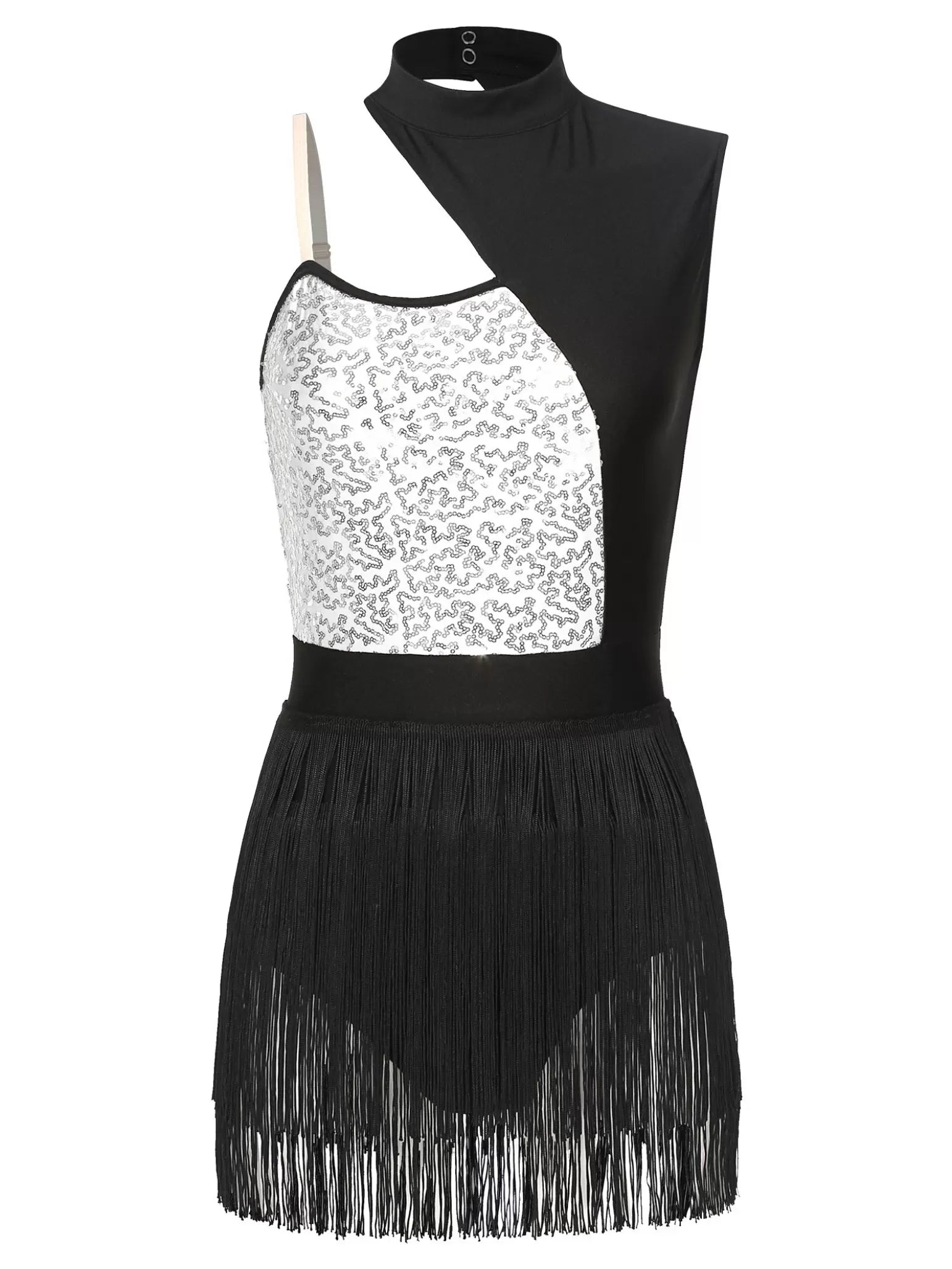 Women Cutout Sleeveless Sequin Tassel Latin Dance Leotard