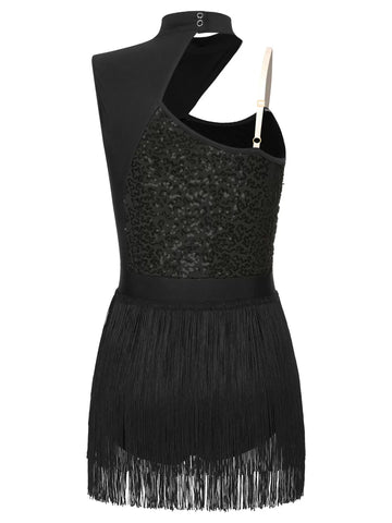 Women Cutout Sleeveless Sequin Tassel Latin Dance Leotard