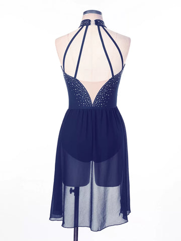 Women Sleeveless Halter Neck Backless Lyrical Dance Leotard Dress