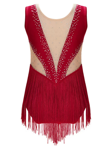 Kids Girls Sleeveless Tassel Figure Skating Leotard