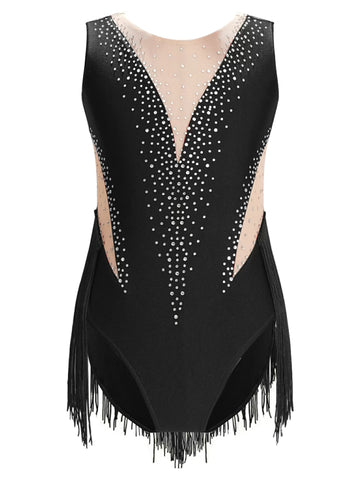 Kids Girls Sleeveless Tassel Figure Skating Leotard