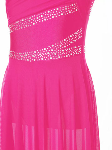 Kids Girls Sleeveless Rhinestones High Low Lyrical Dance Leotard Dress