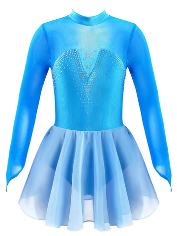 Kids Girls Long Sleeve Shiny Rhinestones Skating Leotard Dress