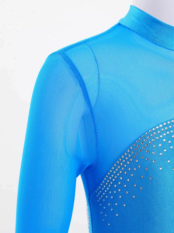 Kids Girls Long Sleeve Shiny Rhinestones Skating Leotard Dress