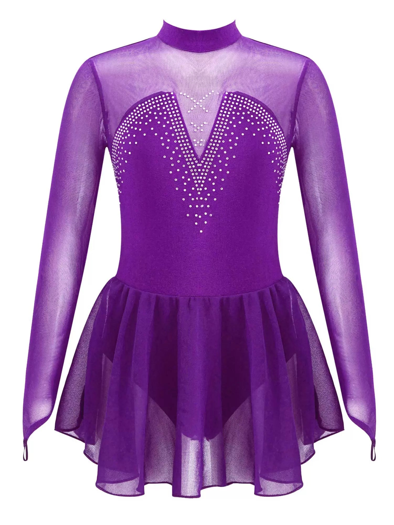 Kids Girls Long Sleeve Shiny Rhinestones Skating Leotard Dress