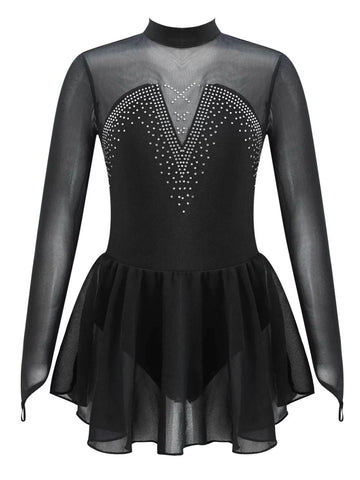 Kids Girls Long Sleeve Shiny Rhinestones Skating Leotard Dress