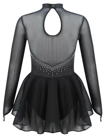 Kids Girls Long Sleeve Shiny Rhinestones Skating Leotard Dress