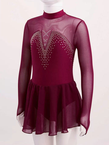 Kids Girls Long Sleeve Shiny Rhinestones Skating Leotard Dress