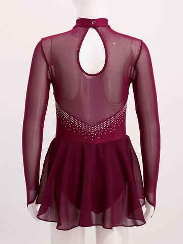 Kids Girls Long Sleeve Shiny Rhinestones Skating Leotard Dress