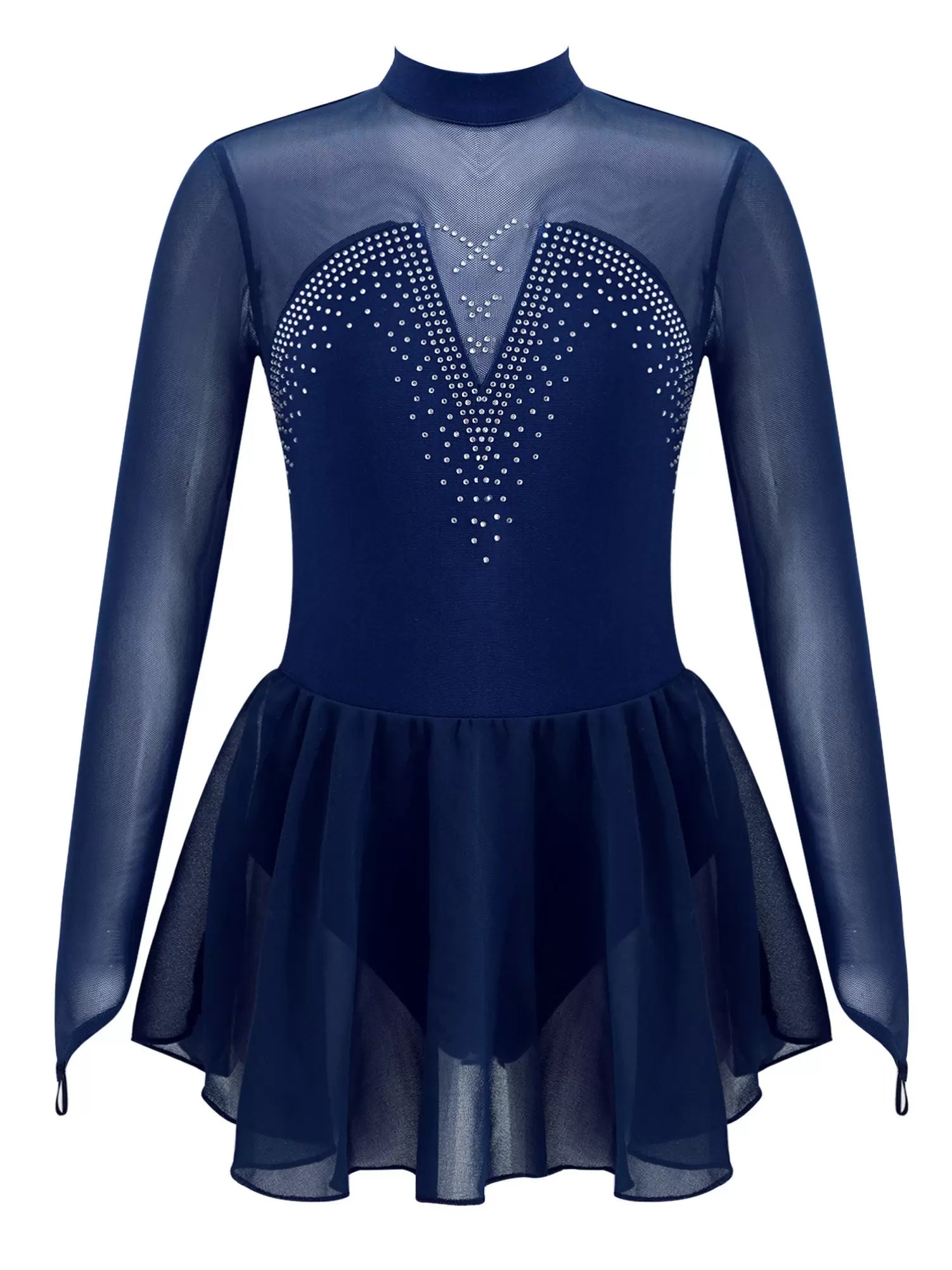 Kids Girls Long Sleeve Shiny Rhinestones Skating Leotard Dress