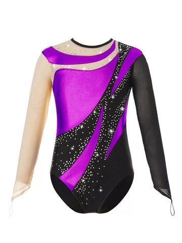 Kids Girls Long Sleeves Color Block Gymnastic Leotard