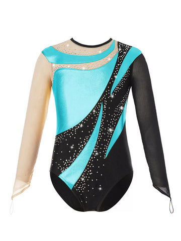 Kids Girls Long Sleeves Color Block Gymnastic Leotard