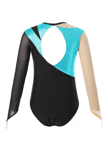 Kids Girls Long Sleeves Color Block Gymnastic Leotard