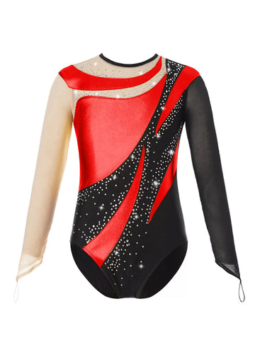 Kids Girls Long Sleeves Color Block Gymnastic Leotard