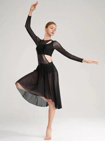 Women Long Sleeve High Low Mesh Lyrical Dance Dress