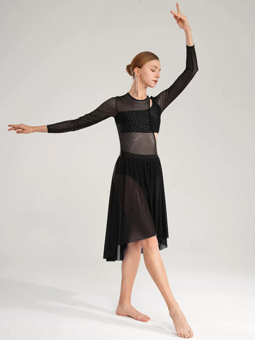 Women Long Sleeve High Low Mesh Lyrical Dance Dress